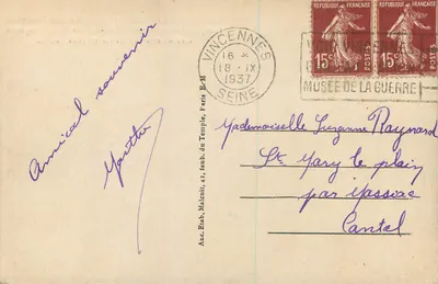 Vincennes — Fosy zamku i kolumna upamiętnieniowa wskazująca miejsce, gdzie w 1804 roku pochowano księcia Enghiena — E.M. — Rewers