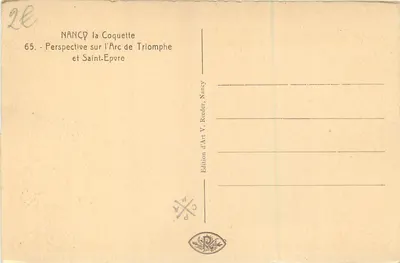 NANCY — Perspektywa na Arc de Triomphe i St Épvre — Wydawnictwo V. Reeder — Rewers