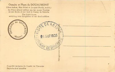 Ossario e Faro di Douaumont — Léon Azéma, Max Edrei e Jacques Hardy, architetti — Héliogravura esclusiva del Comitato dell'Ossario — Verso