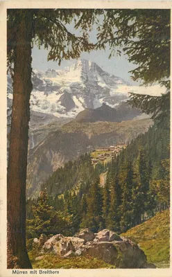 Mürren com Breithorn — vista alpina enquadrada por galhos de árvores — editor 1512 Verlag, Interlaken