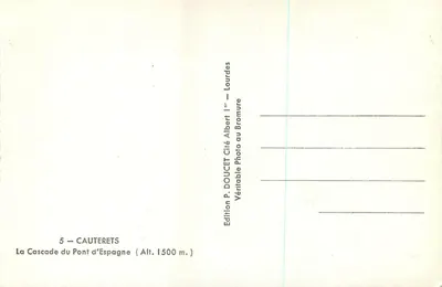 Wodospad Mostu Hiszpańskiego — Cauterets — Wydawnictwo P. DOUCET — Rewers