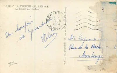 La Schlucht (Alt. 1.159 m.) — O Caminho das Rochas — Edição La Cigogne, Strasbourg — Verso