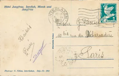 Dolina Interlaken — Góry Jungfrau, Mönch i Isenfluh — Fot. O. Nikles, Nr dep. 290 — Rewers