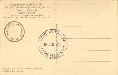 Statua Świętej Teresy Dziecka Jezus — Ossuarium w Douaumont — Wydawca Héliographie de Douaumont — Rewers