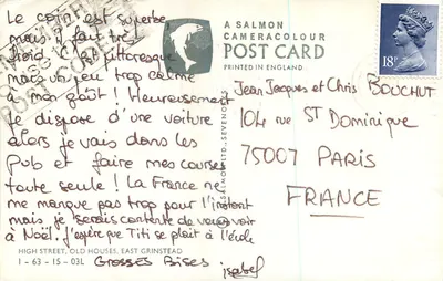 High Street, Old Houses, East Grinstead — widok ulicy z domami z cegły z kamieniem — A SALMON CAMERACOLOUR POST CARD — Rewers