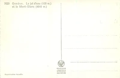 Genève — De fontein (120 m.) en de Mont-Blanc (4810 m.) — Edities Jaeger Genève, n° 7020 — Achterkant