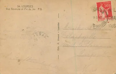 Lourdes — Ogólny widok i Pic du Jer — P.D. — Wyd. P. Doucet — Rewers