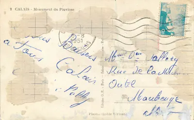 Monumento do Pluviose — Calais — Editor O.P. Paris — Verso