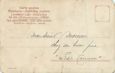 Père tenant son bébé — caricature d'un homme avec moustache dans un intérieur — éditeur 'Union postale universelle', série 4123 — Achterkant