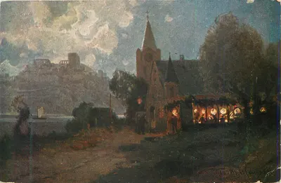 Vista noturna de uma igreja e de um mercado de Natal — editora Union postale universelle, série 229