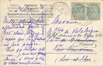 Vista noturna de uma igreja e de um mercado de Natal — editora Union postale universelle, série 229 — Verso