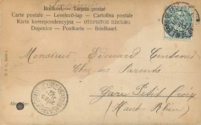 Dwie osoby w strojach epokowych — scena ogrodowa — P.F.C. Série 1 — Rewers