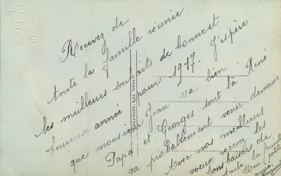 Bonne Année — zimowy krajobraz z bukietem róż i hawranu — wydawca S. & C. n° 3800 — Rewers