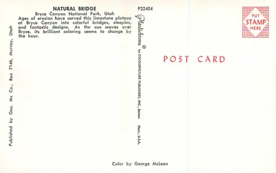 Ponte Natural — Parque Nacional de Bryce Canyon, Utah — publicado por Colourpicture Publishers, Inc. — Verso
