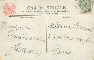 Mujer y niños en un decorado de letras — Henri Godet — M.J.S. — Reverso