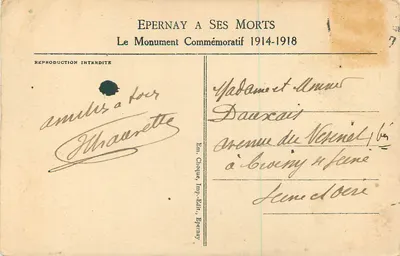 Monumento comemorativo em Epernay — Epernay aos seus mortos 1914-1918 — H. Giraud arquiteto em Épernay, J. Déchin escultor em Paris — Verso