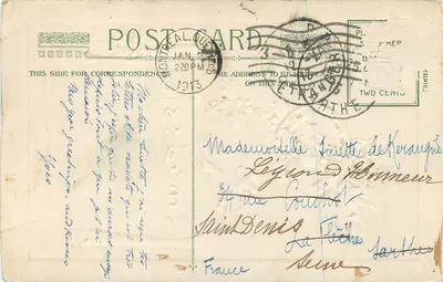 A GLAD NEW YEAR — Projekt autorski John Winson, 1912 — dekor z hortensji i kowadła — Rewers