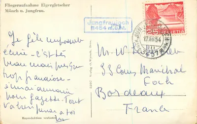 Widok z powietrza na lodowce Eiger — Jungfraujoch — wydawca O. Wyrach, Bern, nr 5207 — Rewers