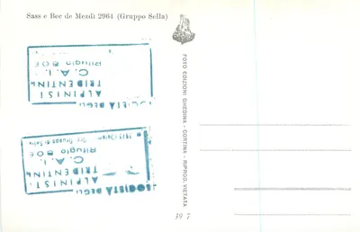 Sass e Bec de Mezdi 2964 (Gruppo Sella) — Wydawca: Foto Edizioni Ghedina, Cortina — Numer seryjny 39 7 — Rewers