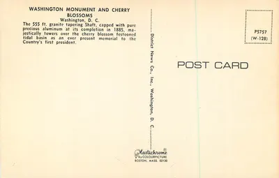 Monumento de Washington e cerejeiras em flor — District News Co., Inc. — P5757 (W-128) — Verso