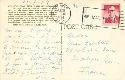 Raton Pass — Witać — Wjazd do Kolorado — Lakewood Post Card Co. — Rewers