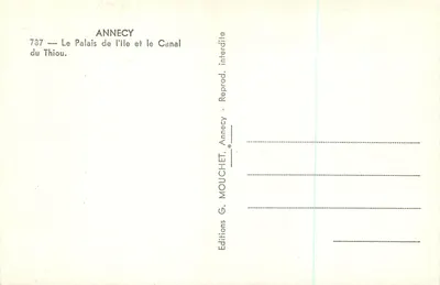 Annecy — Il Palazzo dell'Isola e il Canale du Thiou — Edizioni G. Mouchet, Annecy — Verso