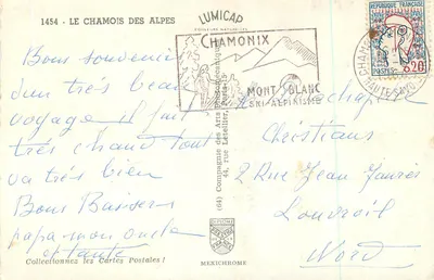 Le Chamois des Alpes — Mont Blanc — éditeur ARIS n°1454 — Verso