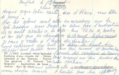 Dax — Ogólny widok — Hotel Splendid, Fontanna ciepłej wody, Basen, Termale, Wanny gliniane — Rewers