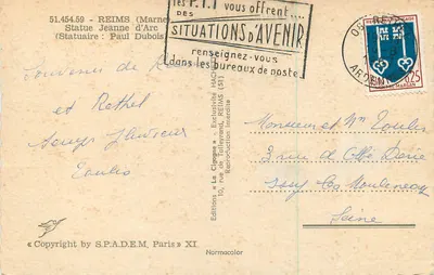 Statua św. Jadwigi w Reims — Wydawnictwo La Cigogne, nr 51.454.59 — Rewers