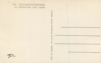 Châlons-sur-Marne — De Prefectuur kant tuin — Edit. La Cigogne, 10, rue de Talleyrand, Reims — Achterkant