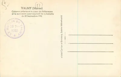 Valmy (Marne) — Coluna que contém o coração de Kellermann e o monumento comemorativo da batalha de 20 de Setembro de 1792 — cliché Cartier e Barsacq, Sainte-Ménéhould — Verso