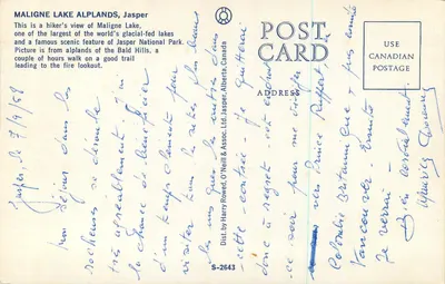 Lago Maligne, Alpands, Jasper — vista de caminhante — Dist. por Harry Rowed, O'Neill & Assoc. Ltd. — S-2643 — Verso
