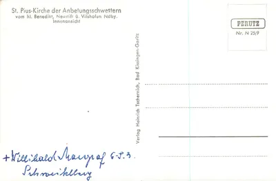 Igreja de São Pio da Ordem das Irmãs da Adoração — vista interna — Verlag Heinrich Perutz, Nr. N 25/9 — Verso