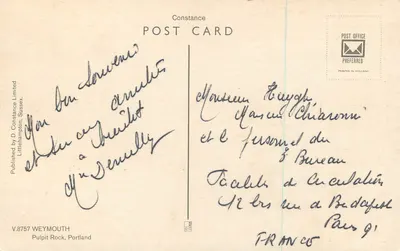 Pulpit Rock, Portland — vista costeira — Published by D. Constance Limited, Littlehampton, Sussex — Verso