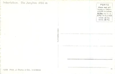 Interlaken. Jungfrau 4166 m — Fot. J. Stump & Cie., Interlaken, nr 1232 — Rewers