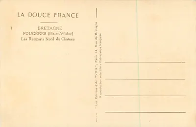 Bilhete postal antigo Fougères — Os Muros do Norte do Castelo — Les Éditions d'Art YVON — Verso