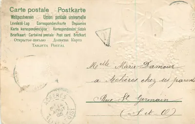 Bukiet fioletowych kwiatów — Szczęśliwego Dnia — Wielka Święta Maria — Marthe Boulart — 14 Sierpnia 1905 — Rewers