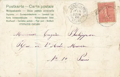 Róże — kartka pocztowa z tekstem drukowanym i ręcznym — wydawca 'Union postale universelle' oraz nieczytelny numer seryjny — Rewers