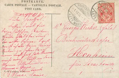 Scène hivernale — maison enneigée avec chariot et cheval — A. Manuo En Hiver. — Verso