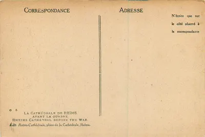 Catedral de Reims — antes da guerra — Édit. Reims-Catedral, praça da Catedral, Reims — Verso