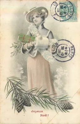 Mulher com vestido e chapéu segurando um presente — Natal — A. S. Série 348 Deposé No. 8