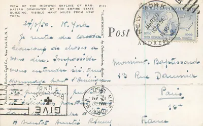Widok skyline Manhattan — dominowany przez Empire State Building — wydawca Herbeco Card Co., n° P113 — Rewers
