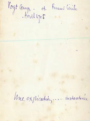 Dwóch mężczyzn w kapeluszu przy stole — Vogt Gengs i Fennas Céile — kwiecień 1905 — Rewers