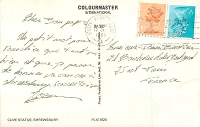 Estátua de Clive em Shrewsbury — editor COLOURMASTER INTERNATIONAL, n° PLX17620 — Verso