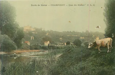 Bilhete postal antigo Bords de marne champigny quai du mesnil Vache