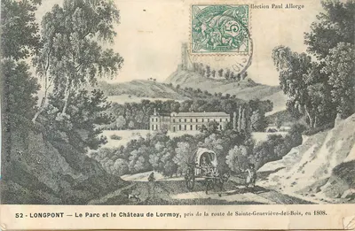 Bilhete postal antigo 52 Longpont o parque e o castelo de Lormoy visto da estrada de Sainte Genevieve des Bois em 1808