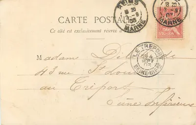 Reims - Hotel de Ville — vista do edifício com inscrição e escrita manuscrita — Verso