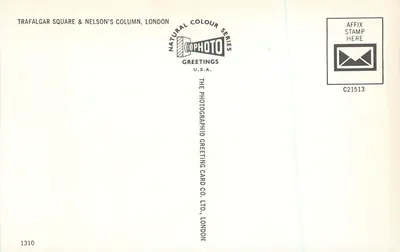 Trafalgar Square & Kolumna Nelsona, Londyn — seria Natural Colour — The Photographic Greeting Card Co. Ltd., Londyn, n° 1310 — Rewers