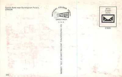 Banda de Guardas perto do Palácio de Buckingham — Londres — The Photographic Greeting Card Co. Ltd. n°151 — Verso