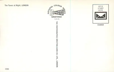A Torre de Londres à noite — série Natural Colour — editor The Photographic Greeting Card Co. Ltd., Londres — Verso